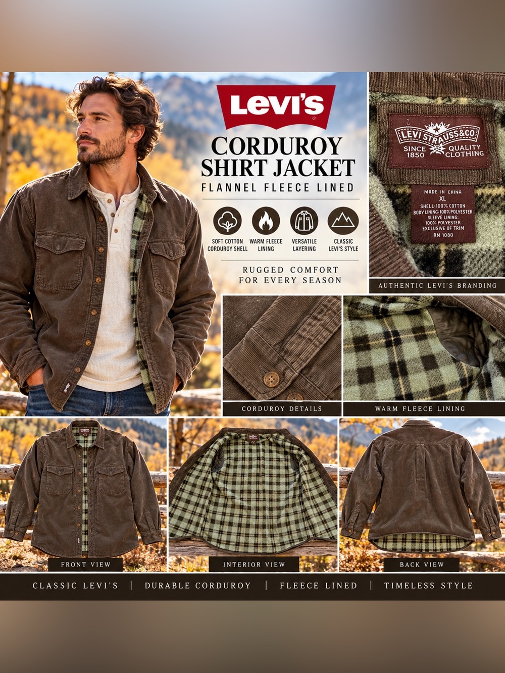Levi’s Men’s XL Brown Corduroy Fleece Lined Shirt Jacket Plaid Shacket Workwear